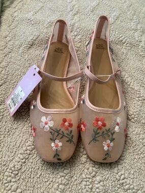 wild fable Pink Floral Embroidered Mary Jane Flats with Coral and White Accents